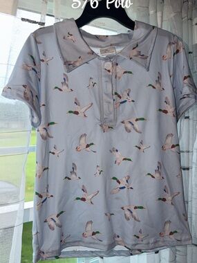 Kids Polo Shirt with Flying Duck Print - Light Blue